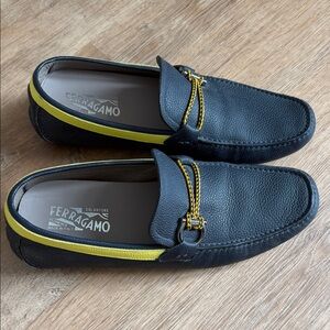 Salvatore Ferragamo Men's Front 4 Driving Loafers in Blue with Yellow Accent